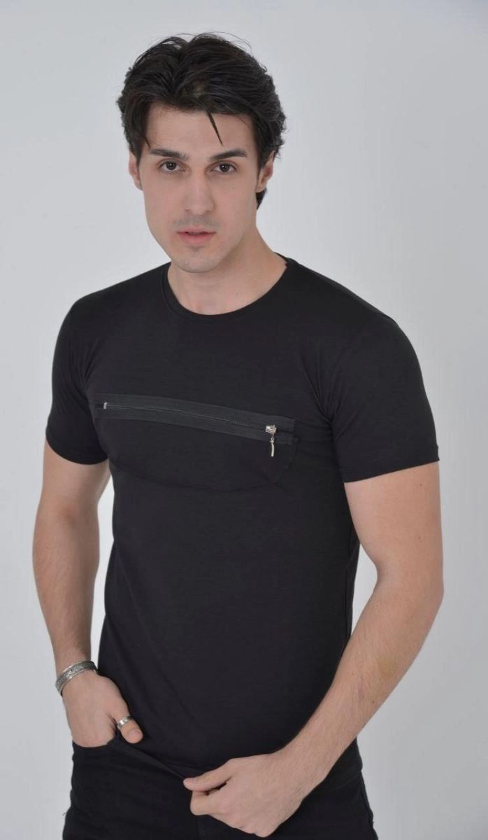Erkek Gögüs Fermuarlı T-Shirt Kısa Kol Bisiklet Yaka Slimfit Tişört - Siyah