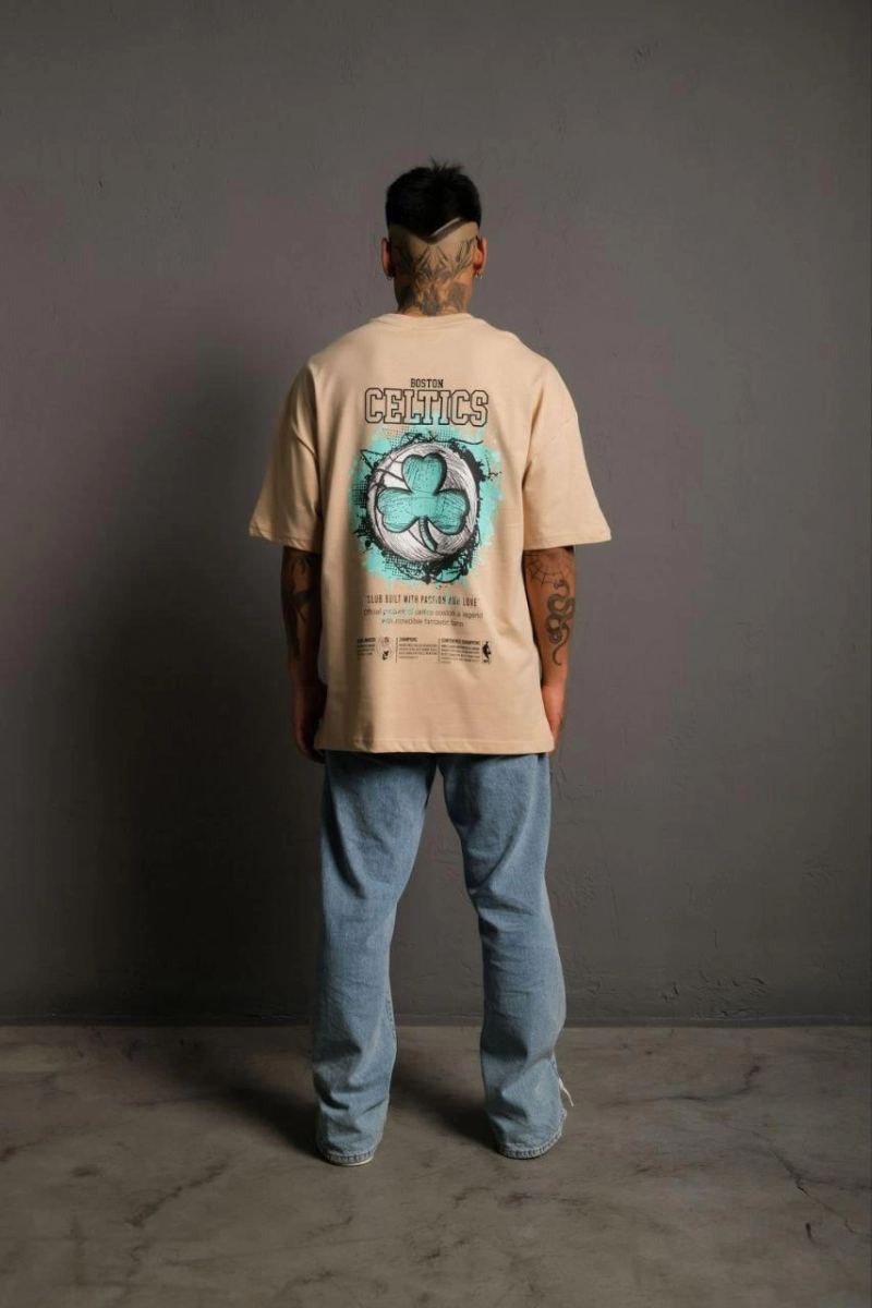Erkek Kısa Kol Yazlık Tişört Bisiklet Yaka Baskılı Oversize T-Shirt - Bej