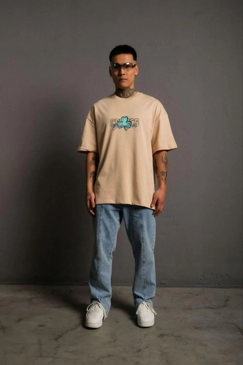 Erkek Kısa Kol Yazlık Tişört Bisiklet Yaka Baskılı Oversize T-Shirt - Bej