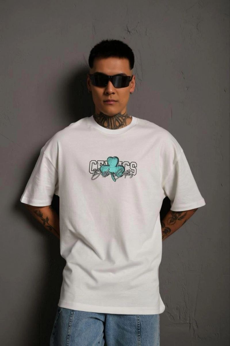Erkek Kısa Kol Yazlık Tişört Bisiklet Yaka Baskılı Oversize T-Shirt - Beyaz