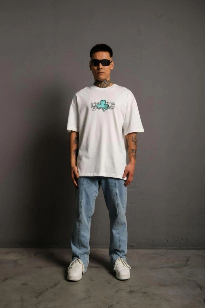 Erkek Kısa Kol Yazlık Tişört Bisiklet Yaka Baskılı Oversize T-Shirt - Beyaz
