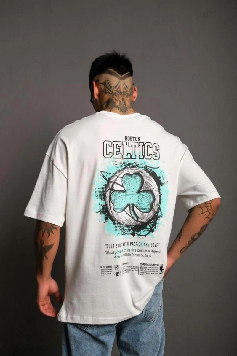 Erkek Kısa Kol Yazlık Tişört Bisiklet Yaka Baskılı Oversize T-Shirt - Beyaz