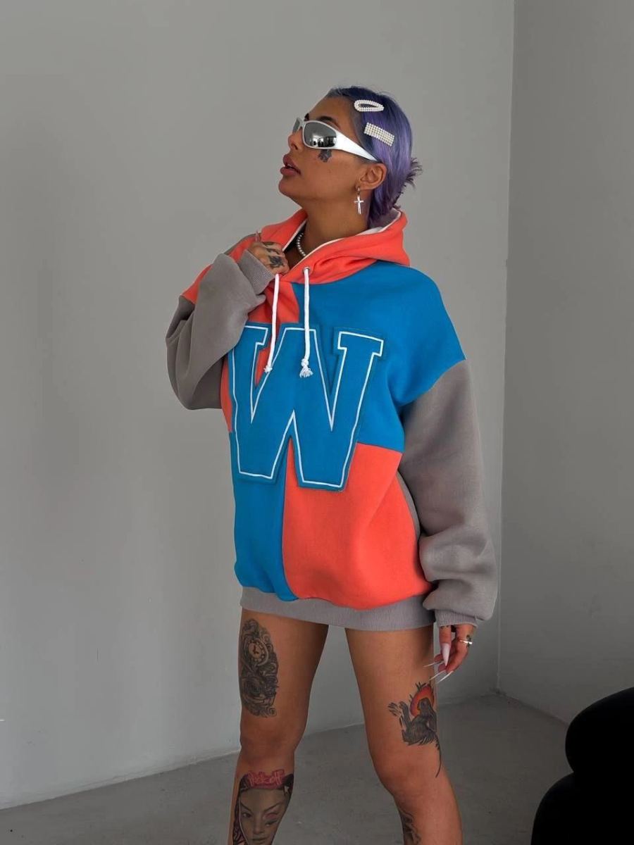 Kadın W Nakış İşlemeli Kapüşonlu 3 iplik pamuklu Parçalı Sweatshirt Hoodie - Mavi
