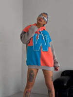 Kadın W Nakış İşlemeli Kapüşonlu 3 iplik pamuklu Parçalı Sweatshirt Hoodie - Mavi