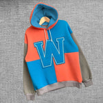 Kadın W Nakış İşlemeli Kapüşonlu 3 iplik pamuklu Parçalı Sweatshirt Hoodie - Mavi