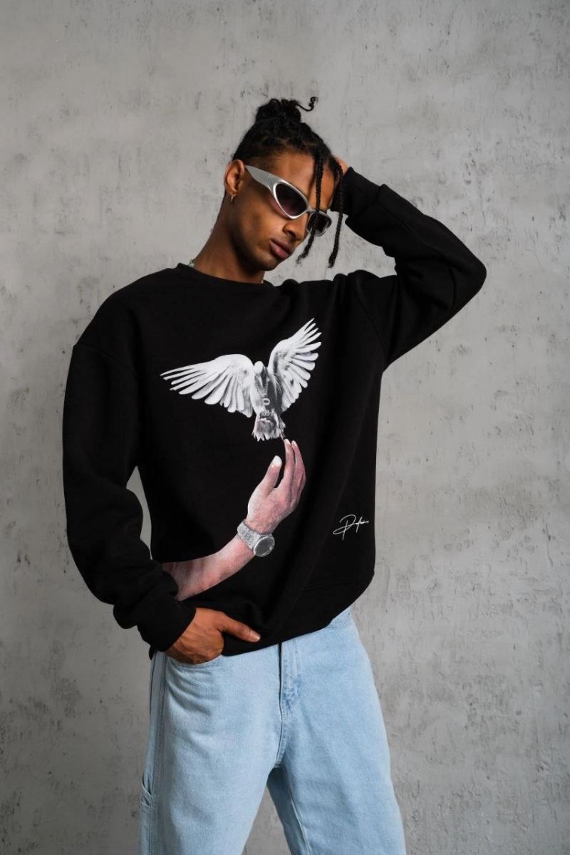 Erkek Güvercin Baskılı 3 iplik Bisiklet Yaka ipamuklu Sweatshirt - Siyah