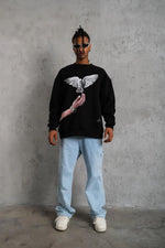 Erkek Güvercin Baskılı 3 iplik Bisiklet Yaka ipamuklu Sweatshirt - Siyah