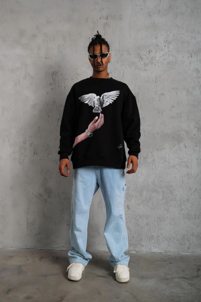 Erkek Güvercin Baskılı 3 iplik Bisiklet Yaka ipamuklu Sweatshirt - Siyah