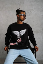 Erkek Güvercin Baskılı 3 iplik Bisiklet Yaka ipamuklu Sweatshirt - Siyah