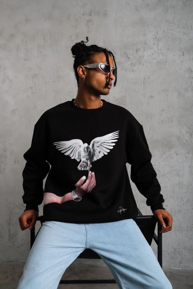Erkek Güvercin Baskılı 3 iplik Bisiklet Yaka ipamuklu Sweatshirt - Siyah