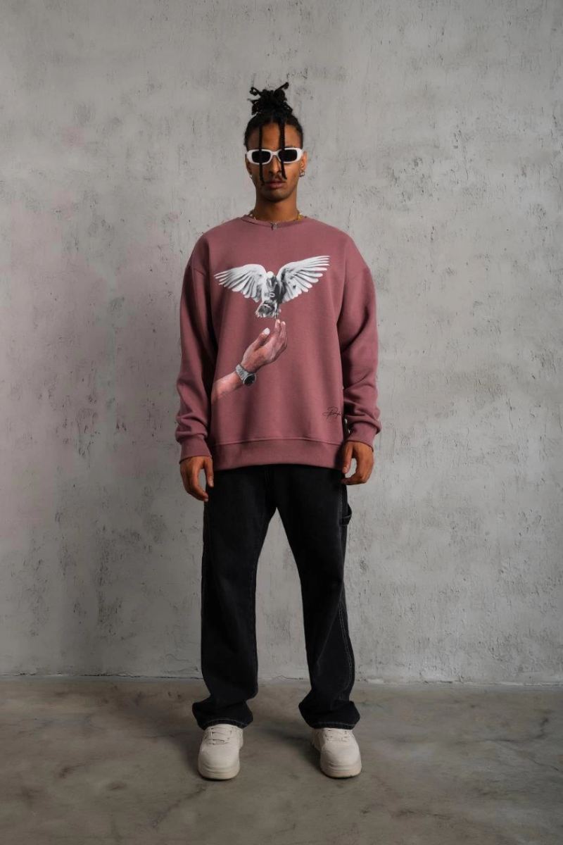Erkek Güvercin Baskılı Bisiklet Yaka Sweatshirt 3 iplik pamuklu - Gül Kurusu
