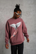 Erkek Güvercin Baskılı Bisiklet Yaka Sweatshirt 3 iplik pamuklu - Gül Kurusu