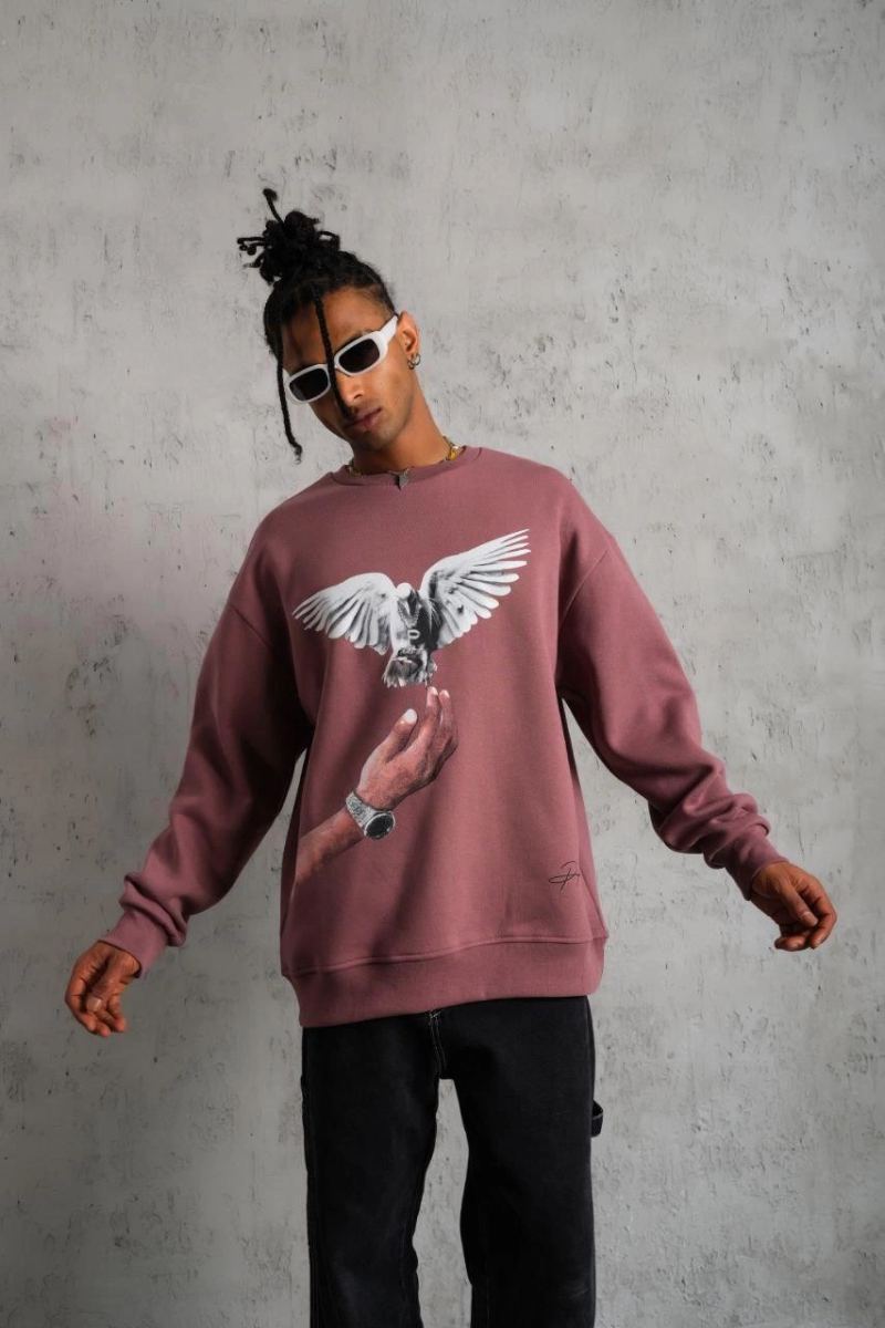 Erkek Güvercin Baskılı Bisiklet Yaka Sweatshirt 3 iplik pamuklu - Gül Kurusu