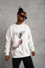 Erkek Güvercin Baskılı 3 iplik pamuklu Bisiklet Yaka Sweatshirt - Beyaz