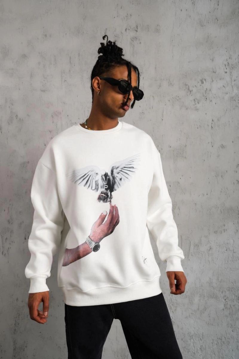 Erkek Güvercin Baskılı 3 iplik pamuklu Bisiklet Yaka Sweatshirt - Beyaz