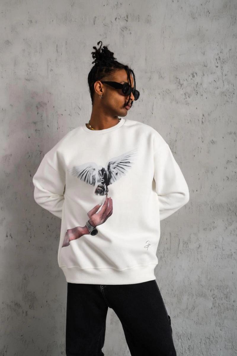 Erkek Güvercin Baskılı 3 iplik pamuklu Bisiklet Yaka Sweatshirt - Beyaz