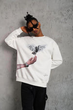 Erkek Güvercin Baskılı 3 iplik pamuklu Bisiklet Yaka Sweatshirt - Beyaz