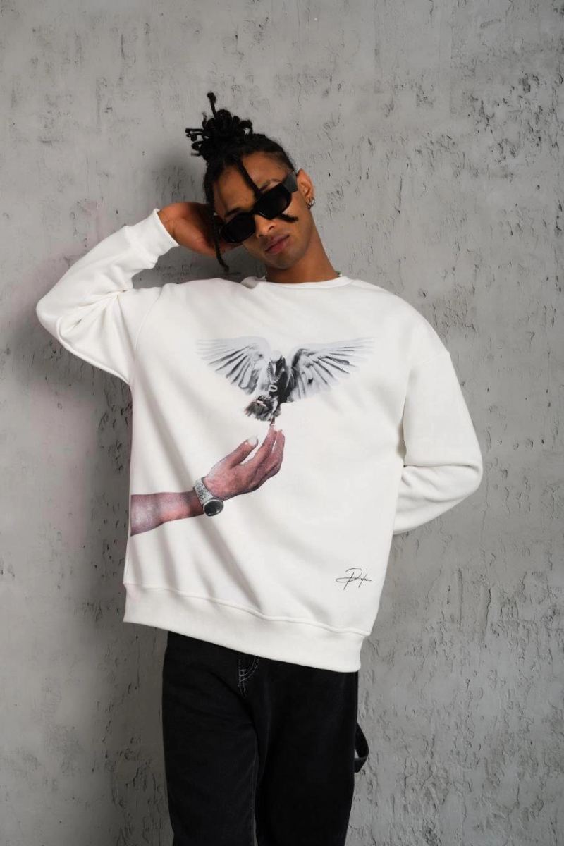 Erkek Güvercin Baskılı 3 iplik pamuklu Bisiklet Yaka Sweatshirt - Beyaz