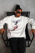 Erkek Güvercin Baskılı 3 iplik pamuklu Bisiklet Yaka Sweatshirt - Beyaz