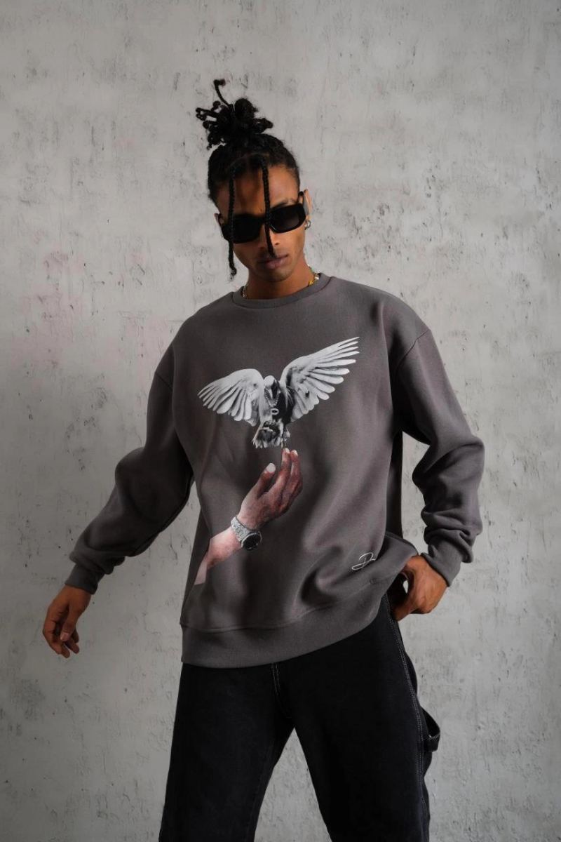 Erkek Güvercin Baskılı 3 iplik pamuklu Bisiklet Yaka Sweatshirt - Gri