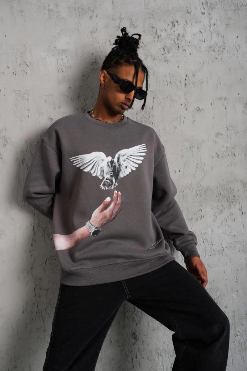 Erkek Güvercin Baskılı 3 iplik pamuklu Bisiklet Yaka Sweatshirt - Gri
