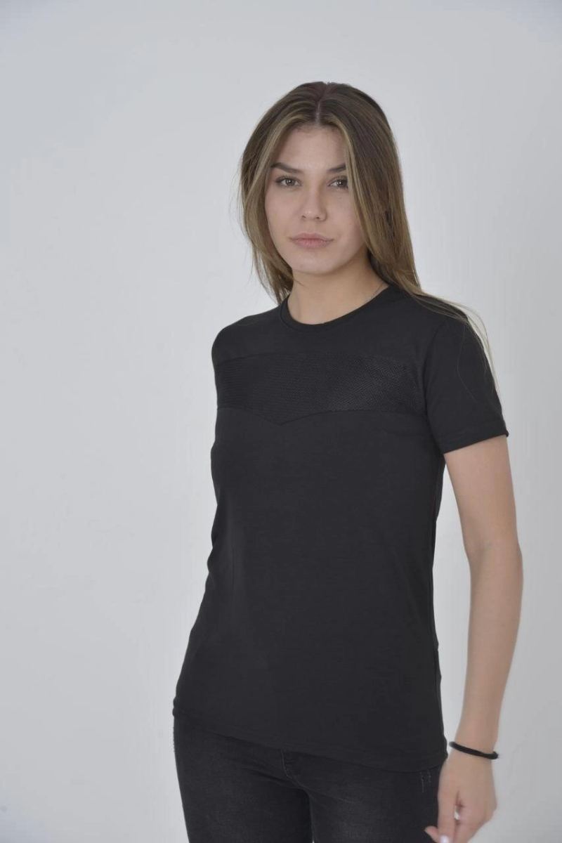 Kadın Gögüs Fileli T-Shirt Kısa Kol Bisiklet Yaka Slimfit Tişört   - Siyah
