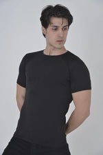 Erkek Omuz Fileli T-Shirt Kısa Kol Bisiklet Yaka Slimfit Tişört   - Siyah