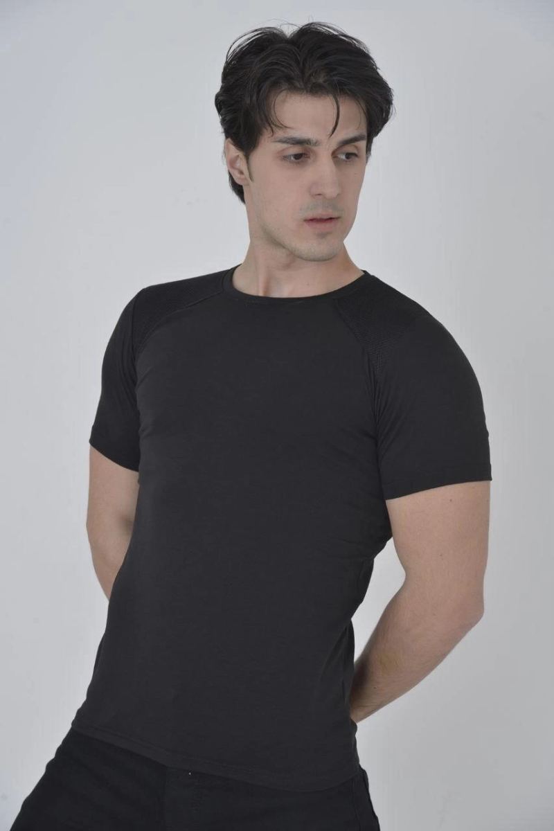 Erkek Omuz Fileli T-Shirt Kısa Kol Bisiklet Yaka Slimfit Tişört   - Siyah