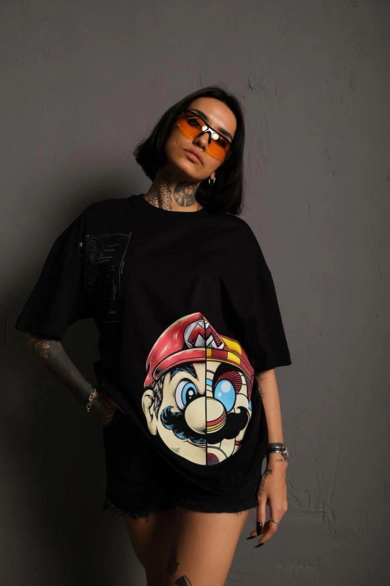 Kadın Mario Baskılı T-Shirt Oversize Kısa kol Bisiklet yaka tişort - Siyah