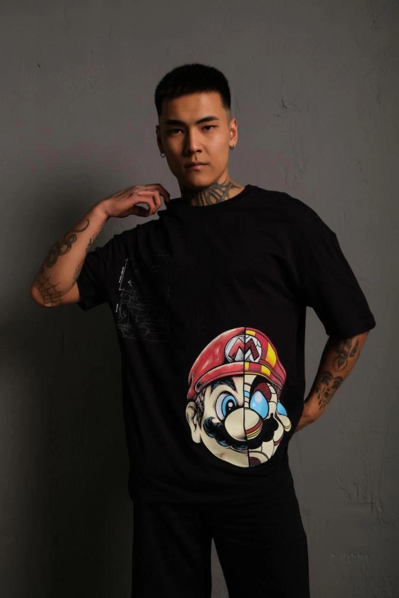 Erkek Mario Baskılı T-Shirt Oversize Kısa kol Bisiklet yaka tişort - Siyah