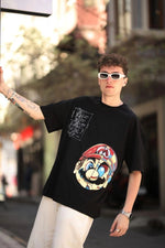 Erkek Mario Baskılı T-Shirt Oversize Kısa kol Bisiklet yaka tişort - Siyah