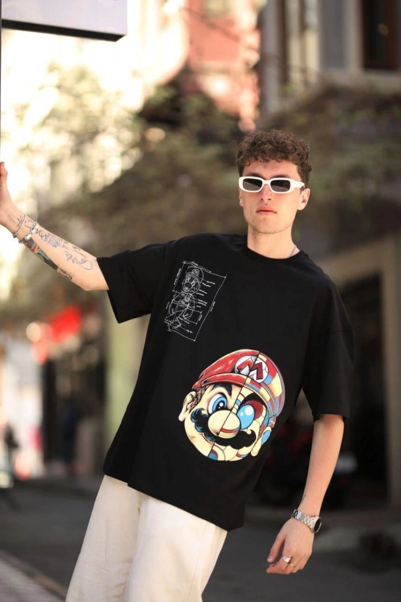 Erkek Mario Baskılı T-Shirt Oversize Kısa kol Bisiklet yaka tişort - Siyah