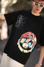 Erkek Mario Baskılı T-Shirt Oversize Kısa kol Bisiklet yaka tişort - Siyah