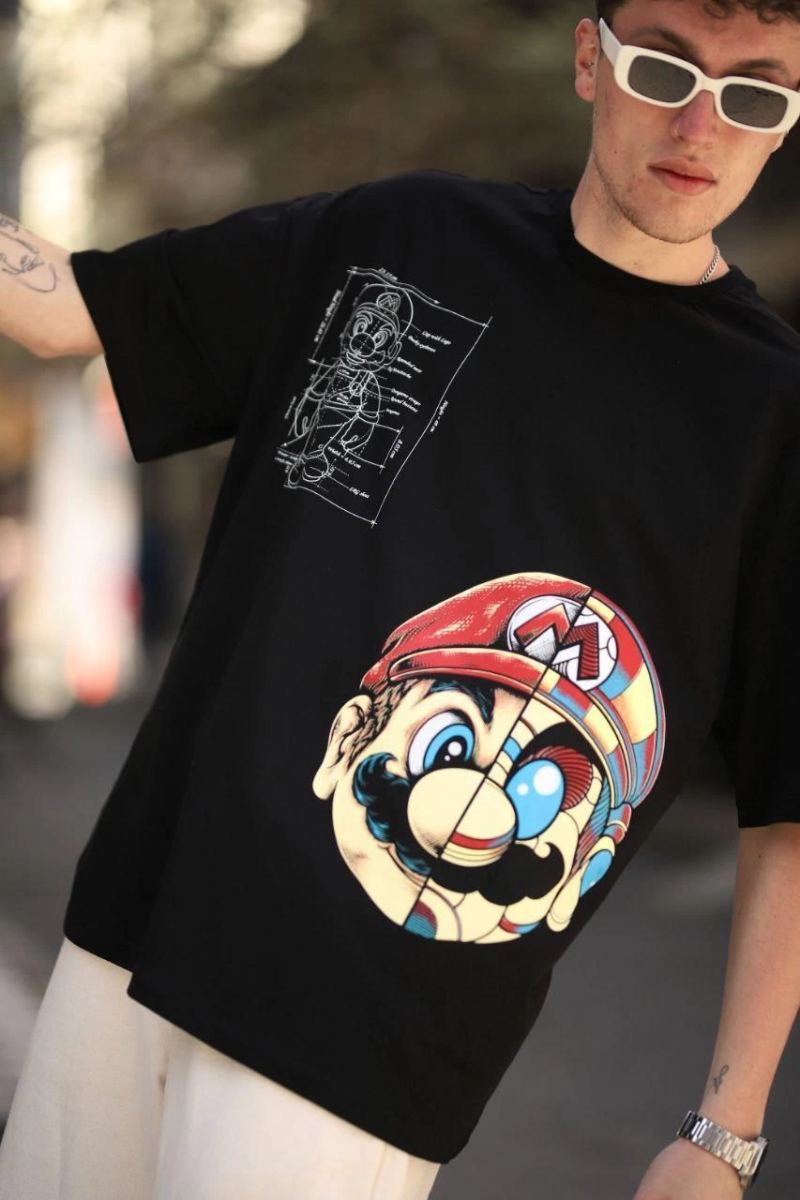 Erkek Mario Baskılı T-Shirt Oversize Kısa kol Bisiklet yaka tişort - Siyah