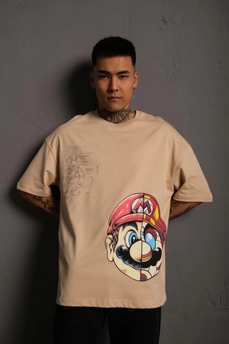 Erkek Mario Baskılı T-Shirt Oversize Kısa kol Bisiklet yaka tişort - Bej