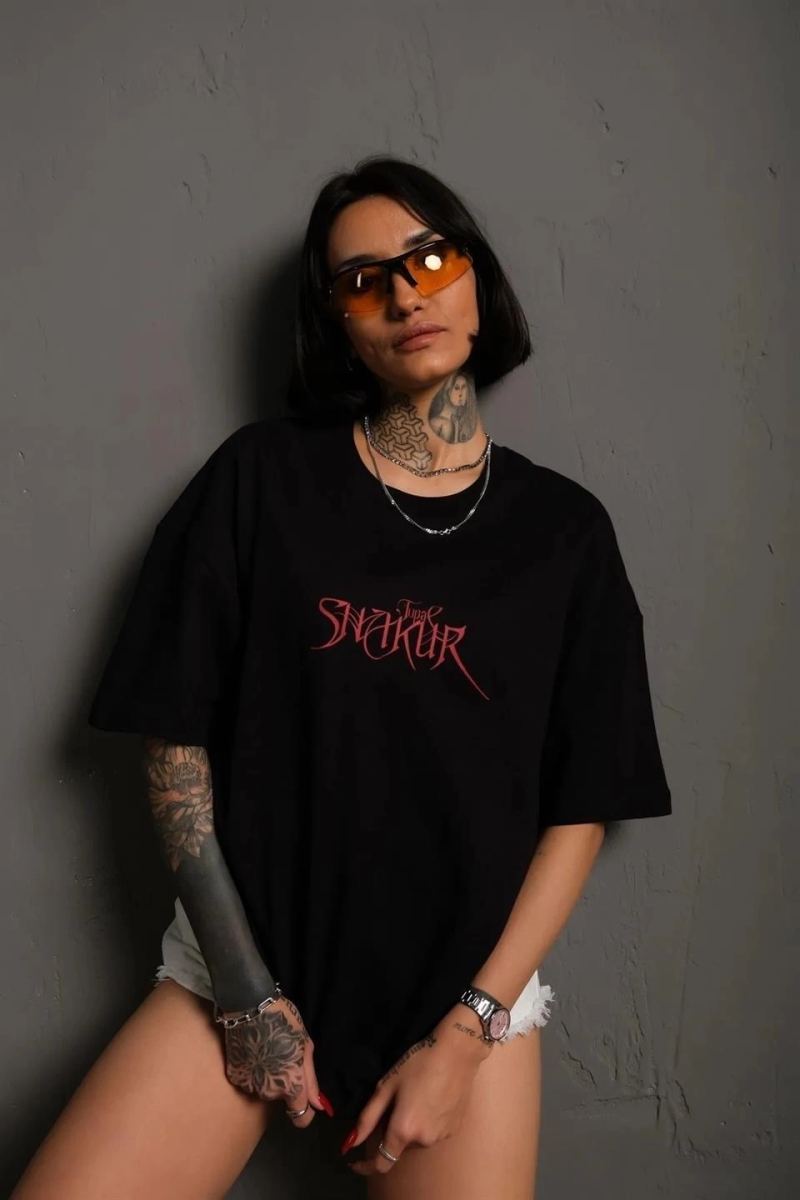 Kadın Baskılı T-Shirt Oversize Kısa kol Bisiklet yaka tişort- Siyah