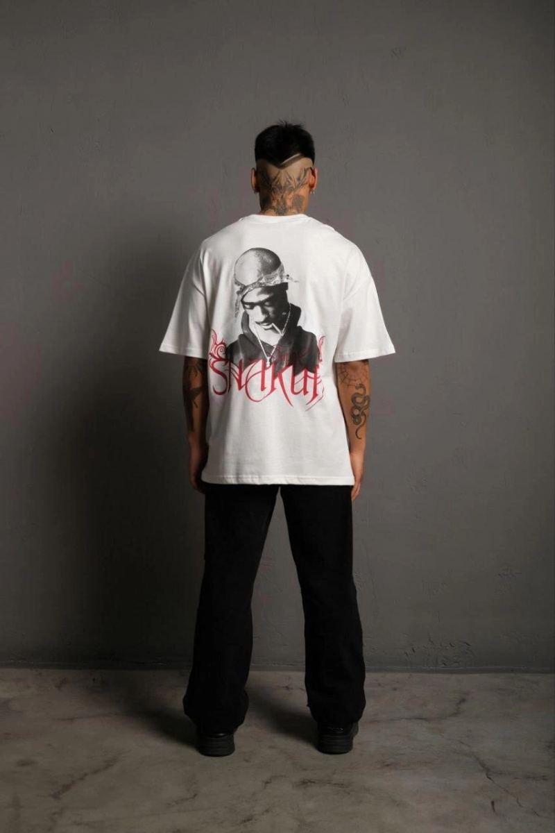 Erkek Baskılı T-Shirt Oversize Kısa kol Bisiklet yaka tişort - Beyaz