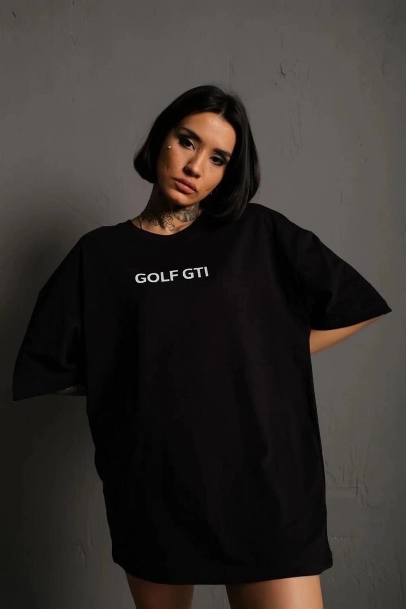 Kadın Oversize Tişört Golf GTI Retro Araba Baskılı T-shirt - Siyah