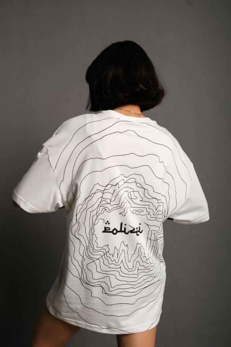 Kadın Bisiklet Yakalı Sırt Baskılı  Kısa kol Oversize T-Shirt - Beyaz