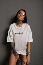 Kadın Bisiklet Yakalı Sırt Baskılı  Kısa kol Oversize T-Shirt - Beyaz