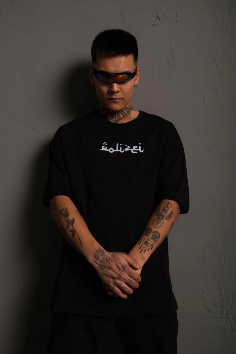 Erkek Kısa Kol Yazlık Tişört Bisiklet Yaka Baskılı Oversize T-Shirt - Siyah