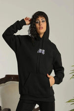Kadın Oversize Kapüşonlu Cepli Baskılı 3 İplik Pamuklu Hoodie Sweatshirt - Siyah