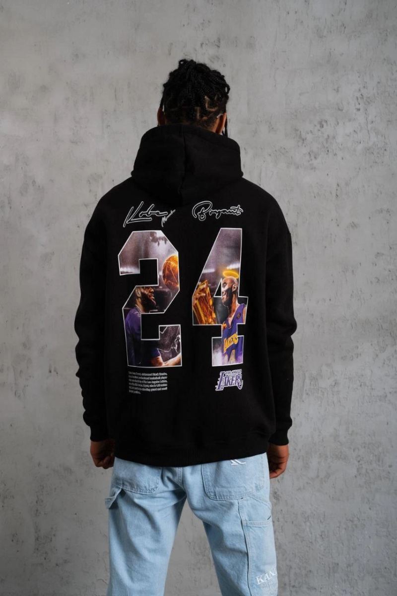 Erkek 3 İplik Pamuklu Kapüşonlu Baskılı Cepli Oversize Sweatshirt Hoodie - Siyah