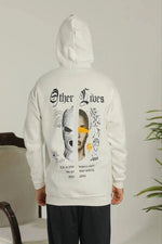 Erkek 3 İplik Pamuklu Kapüşonlu Baskılı Cepli Oversize Sweatshirt Hoodie - Beyaz