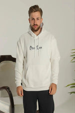 Erkek 3 İplik Pamuklu Kapüşonlu Baskılı Cepli Oversize Sweatshirt Hoodie - Beyaz