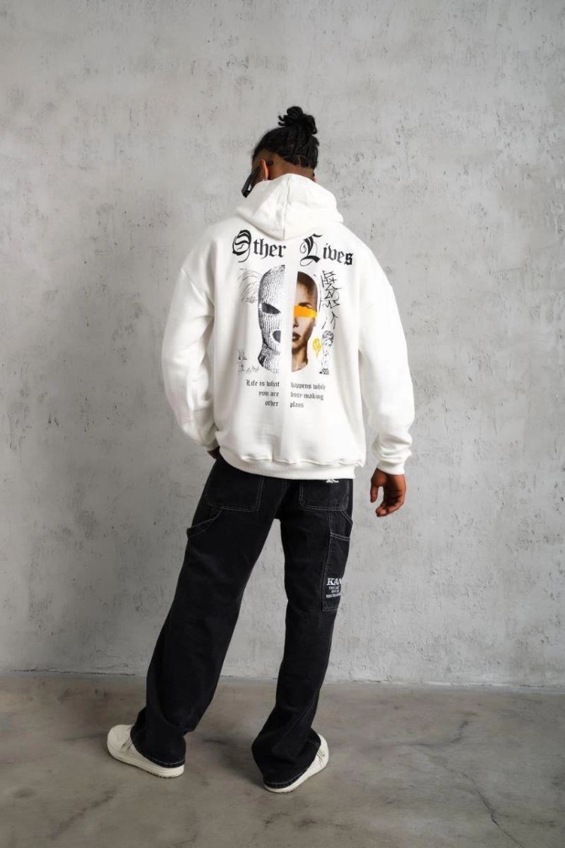 Erkek 3 İplik Pamuklu Kapüşonlu Baskılı Cepli Oversize Sweatshirt Hoodie - Beyaz