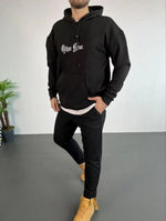 Erkek 3 İplik Pamuklu Kapüşonlu Baskılı Cepli Oversize Sweatshirt Hoodie - Siyah