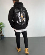 Erkek 3 İplik Pamuklu Kapüşonlu Baskılı Cepli Oversize Sweatshirt Hoodie - Siyah