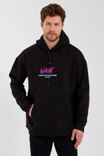 Erkek 3 İplik Pamuklu Kapüşonlu Baskılı Cepli Oversize Sweatshirt Hoodie - Siyah