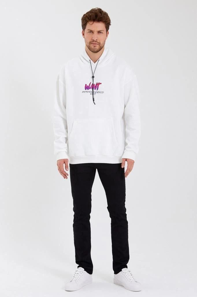 Erkek 3 İplik Pamuklu Kapüşonlu Baskılı Cepli Oversize Sweatshirt Hoodie - Beyaz